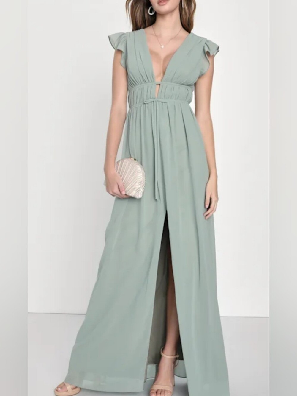 NWT Lulus I'm All Yours Sage Brush Ruffled Maxi Dress Boho Formal Medium Wedding